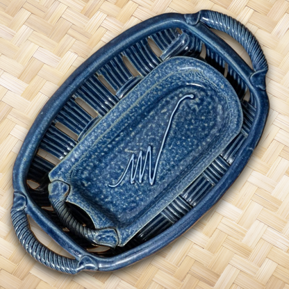 Jim & Shirl Parmentier Pottery Set of 2 Woven Basket & Tray Blue Stoneware NC