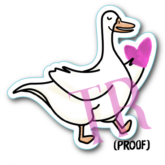 Vinyl Sticker, Cartoon Goose Holding a Heart, 3"x3"