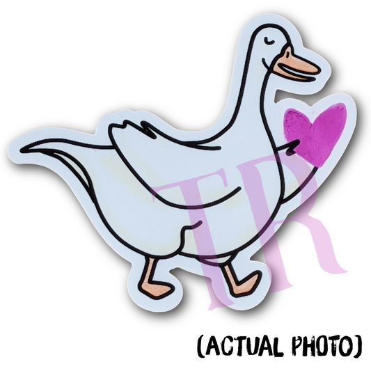 Vinyl Sticker, Cartoon Goose Holding a Heart, 3"x3"