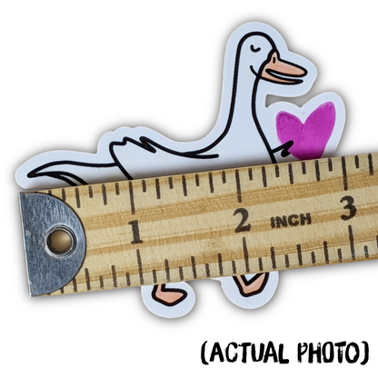 Vinyl Sticker, Cartoon Goose Holding a Heart, 3"x3"