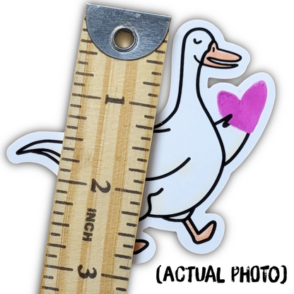 Vinyl Sticker, Cartoon Goose Holding a Heart, 3"x3"