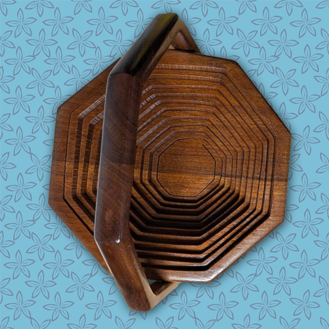 Vintage MCM Octagonal Collapsible Wooden Fruit Basket - Fully Restored