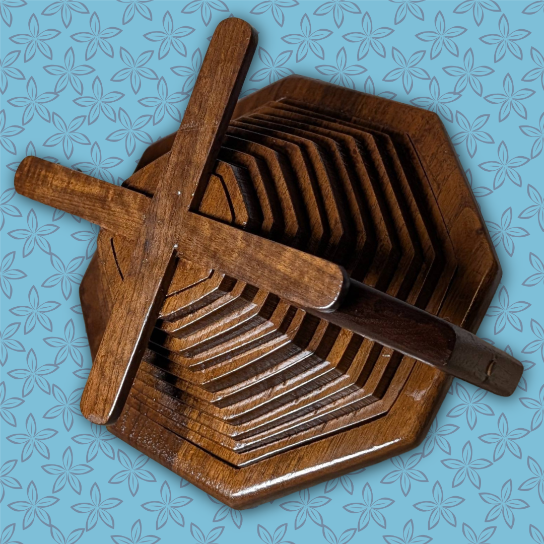Vintage MCM Octagonal Collapsible Wooden Fruit Basket - Fully Restored