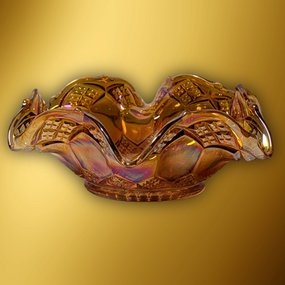 Vintage Fenton Marigold Carnival Glass Ruffled Bowl Diamond Quilt Pattern 8"