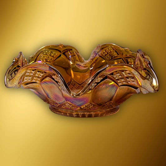 Vintage Fenton Marigold Carnival Glass Ruffled Bowl Diamond Quilt Pattern 8"