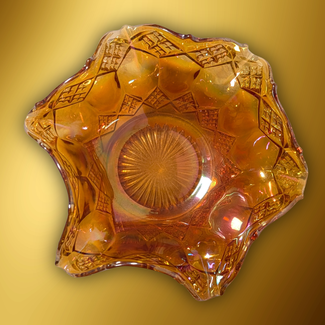 Vintage Fenton Marigold Carnival Glass Ruffled Bowl Diamond Quilt Pattern 8"