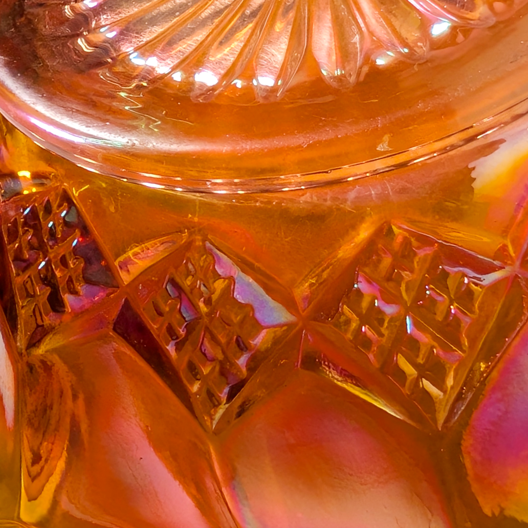 Vintage Fenton Marigold Carnival Glass Ruffled Bowl Diamond Quilt Pattern 8"