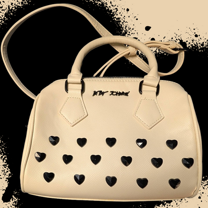 Betsey Johnson "Stone Heart" Convertible Dome Satchel in Cream/Black