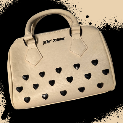 Betsey Johnson "Stone Heart" Convertible Dome Satchel in Cream/Black