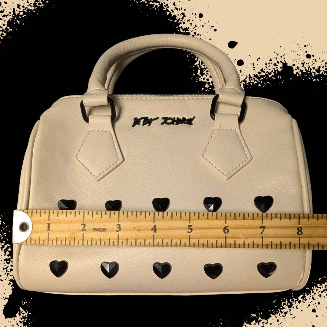 Betsey Johnson "Stone Heart" Convertible Dome Satchel in Cream/Black