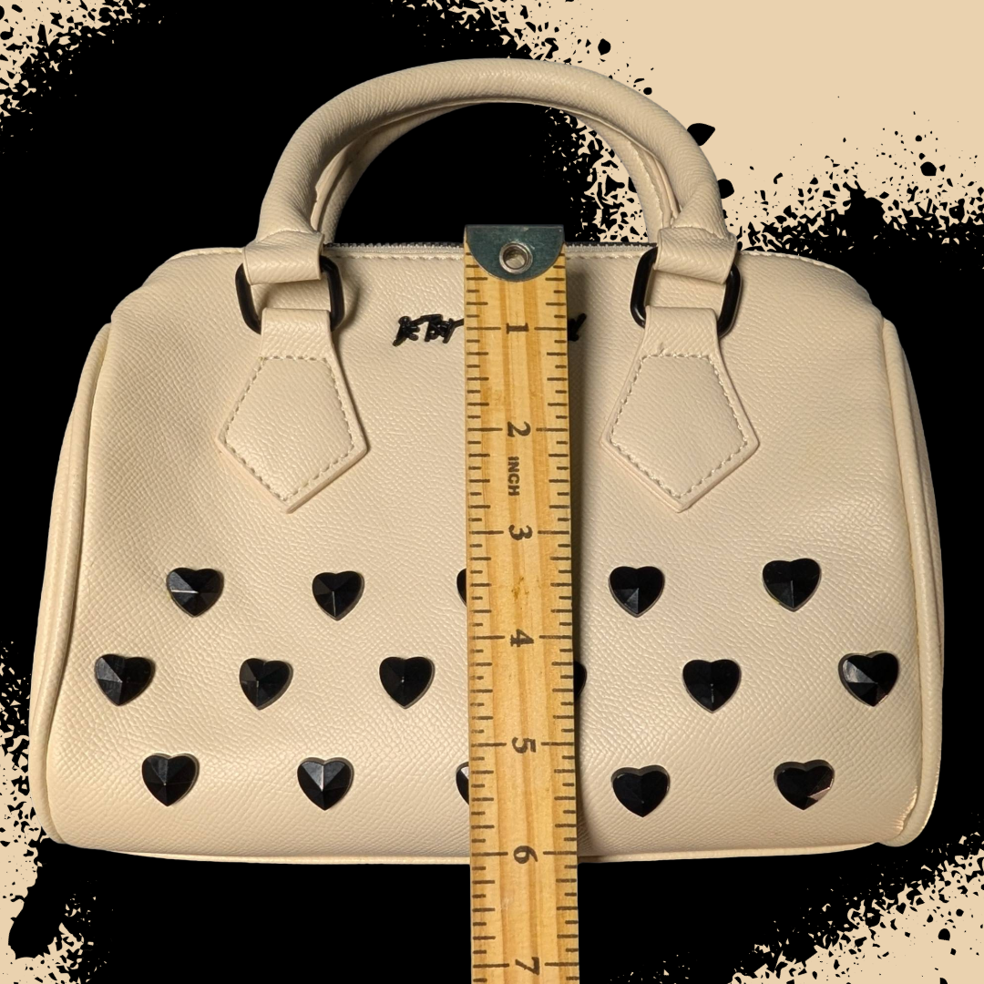 Betsey Johnson "Stone Heart" Convertible Dome Satchel in Cream/Black