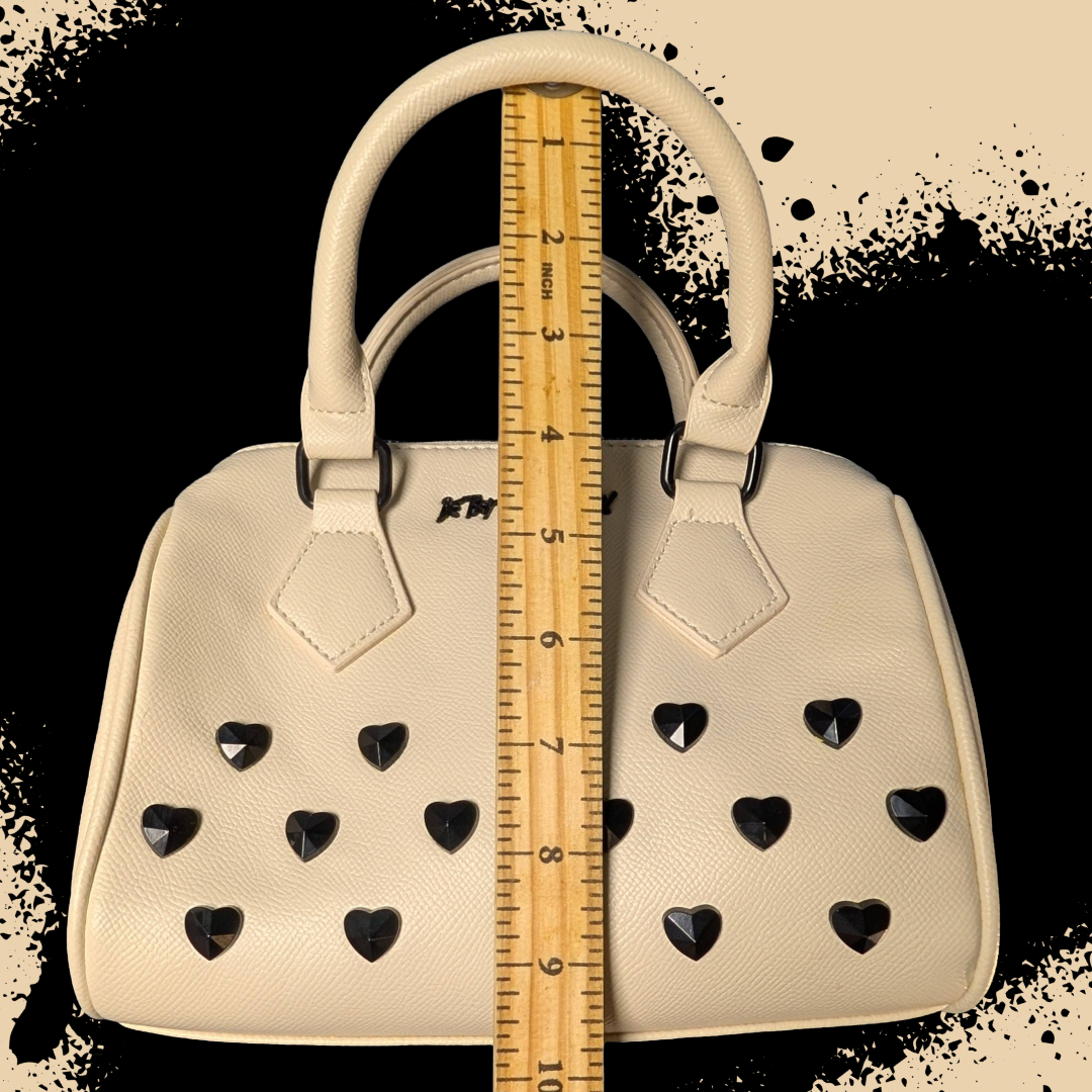 Betsey Johnson "Stone Heart" Convertible Dome Satchel in Cream/Black