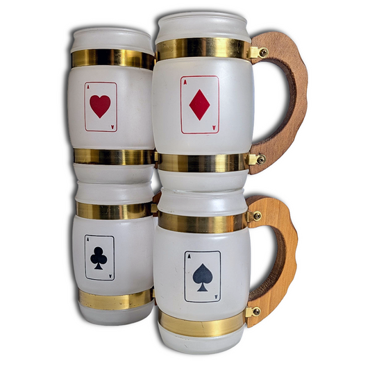 Vintage Siesta Ware Poker Night Barrel Mugs Wood Handle Benner Glass Set/4, MCM