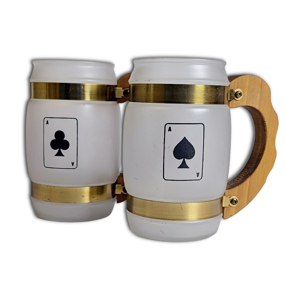 Vintage Siesta Ware Poker Night Barrel Mugs Wood Handle Benner Glass Set/4, MCM