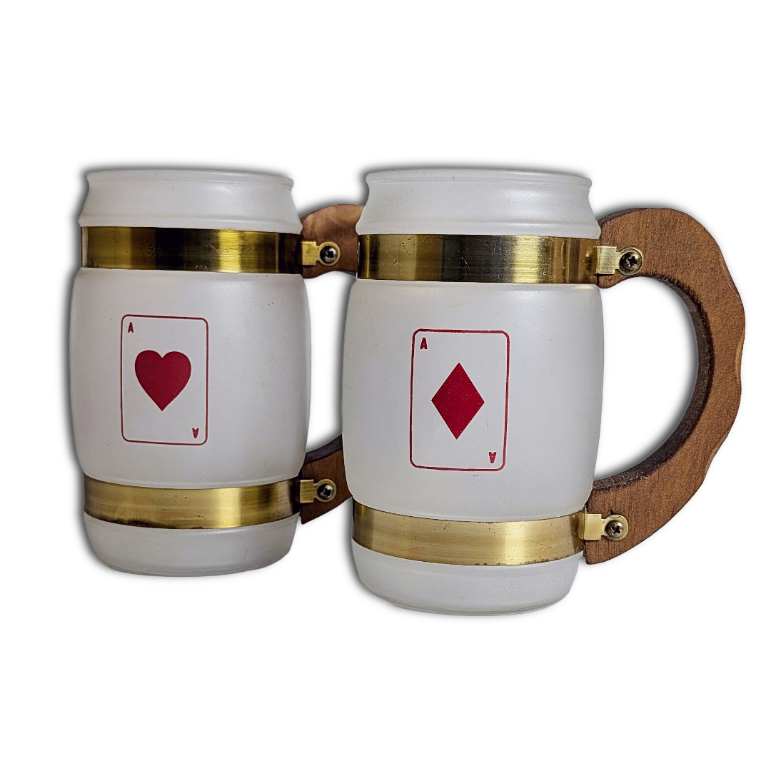 Vintage Siesta Ware Poker Night Barrel Mugs Wood Handle Benner Glass Set/4, MCM