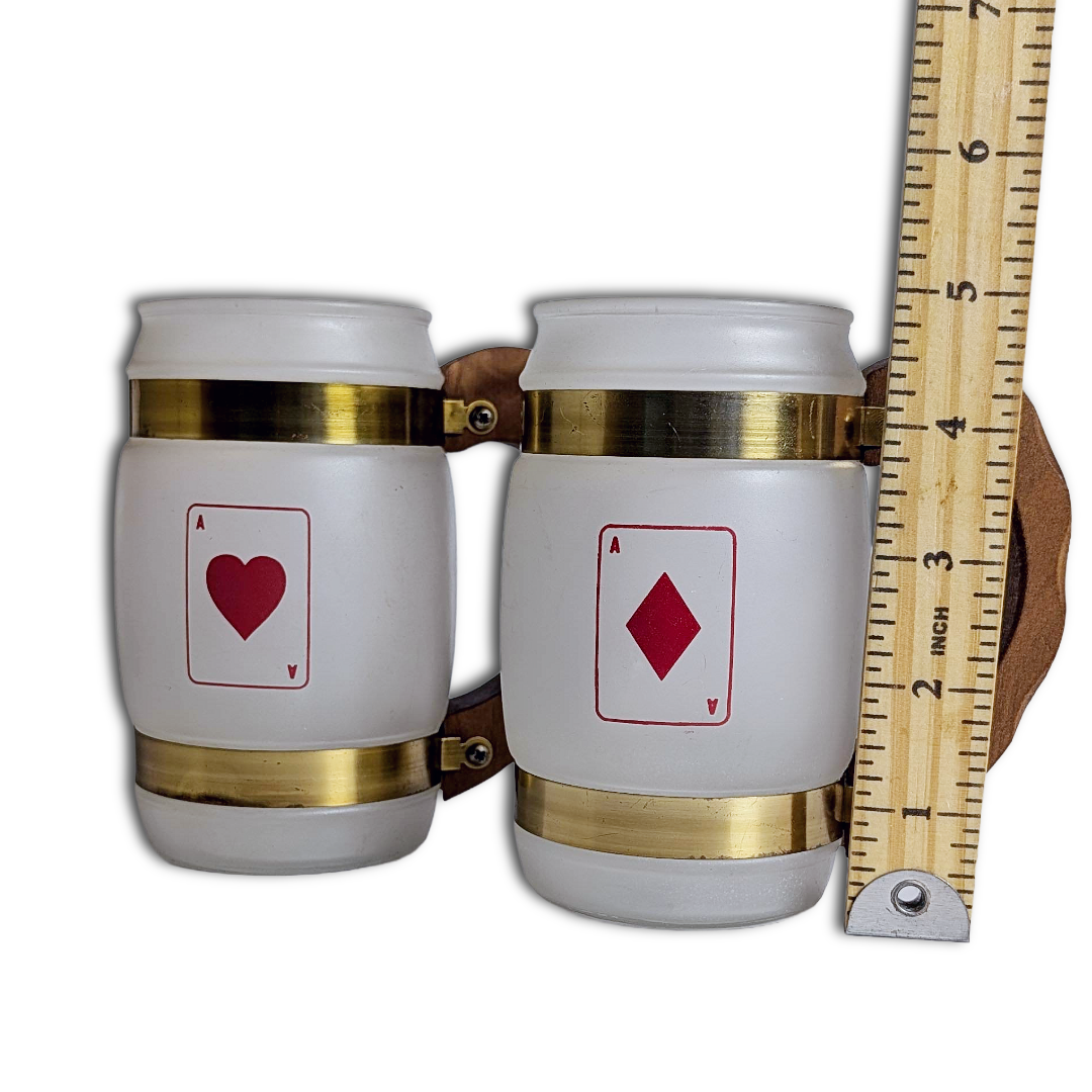 Vintage Siesta Ware Poker Night Barrel Mugs Wood Handle Benner Glass Set/4, MCM
