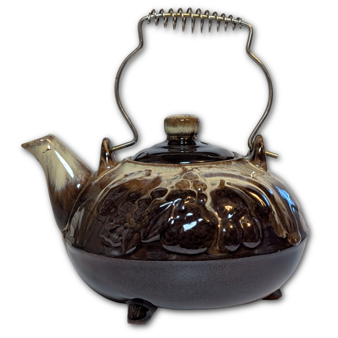 Vintage Brown Drip Glaze Teapot, Tri-Footed, Ceramic, Mid Century Modern