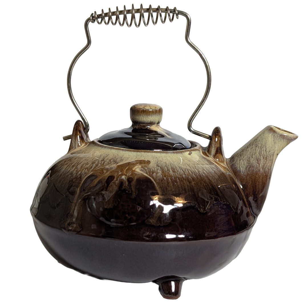 Vintage Brown Drip Glaze Teapot, Tri-Footed, Ceramic, Mid Century Modern
