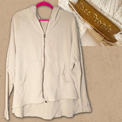 Free People size XS Distressed Oversized Zip-Up Hoodie Oatmeal/Tan/Cream