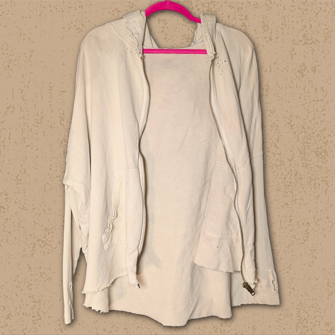 Free People size XS Distressed Oversized Zip-Up Hoodie Oatmeal/Tan/Cream