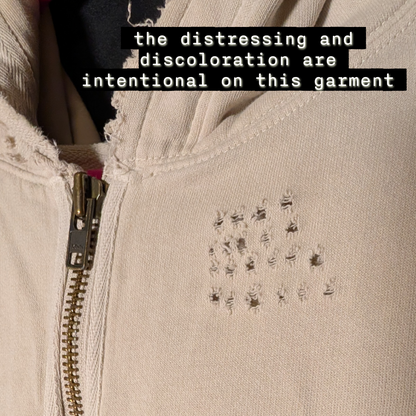 Free People size XS Distressed Oversized Zip-Up Hoodie Oatmeal/Tan/Cream