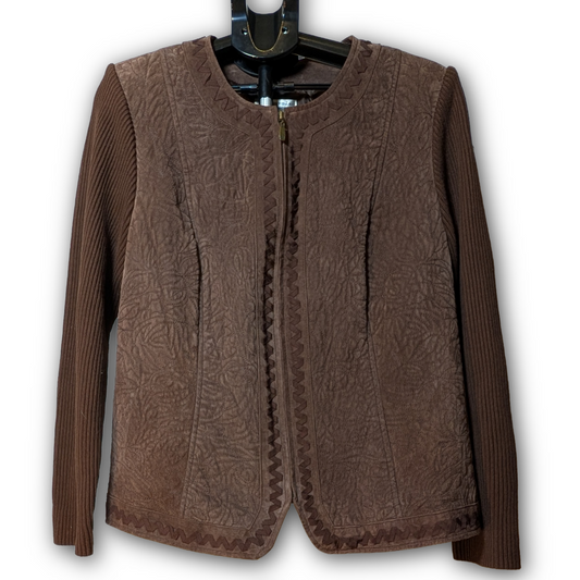 Peter Nygard 1X Brown Suede/Knit Mixed Texture Front Zip Jacket