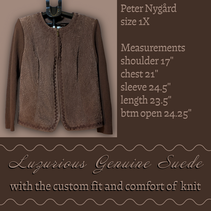 Peter Nygard 1X Brown Suede/Knit Mixed Texture Front Zip Jacket