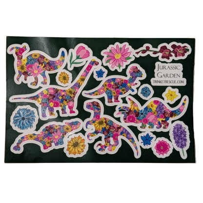 Jurassic Garden Floral Vinyl Sticker Sheet • Cute Waterproof Dinosaur Decals