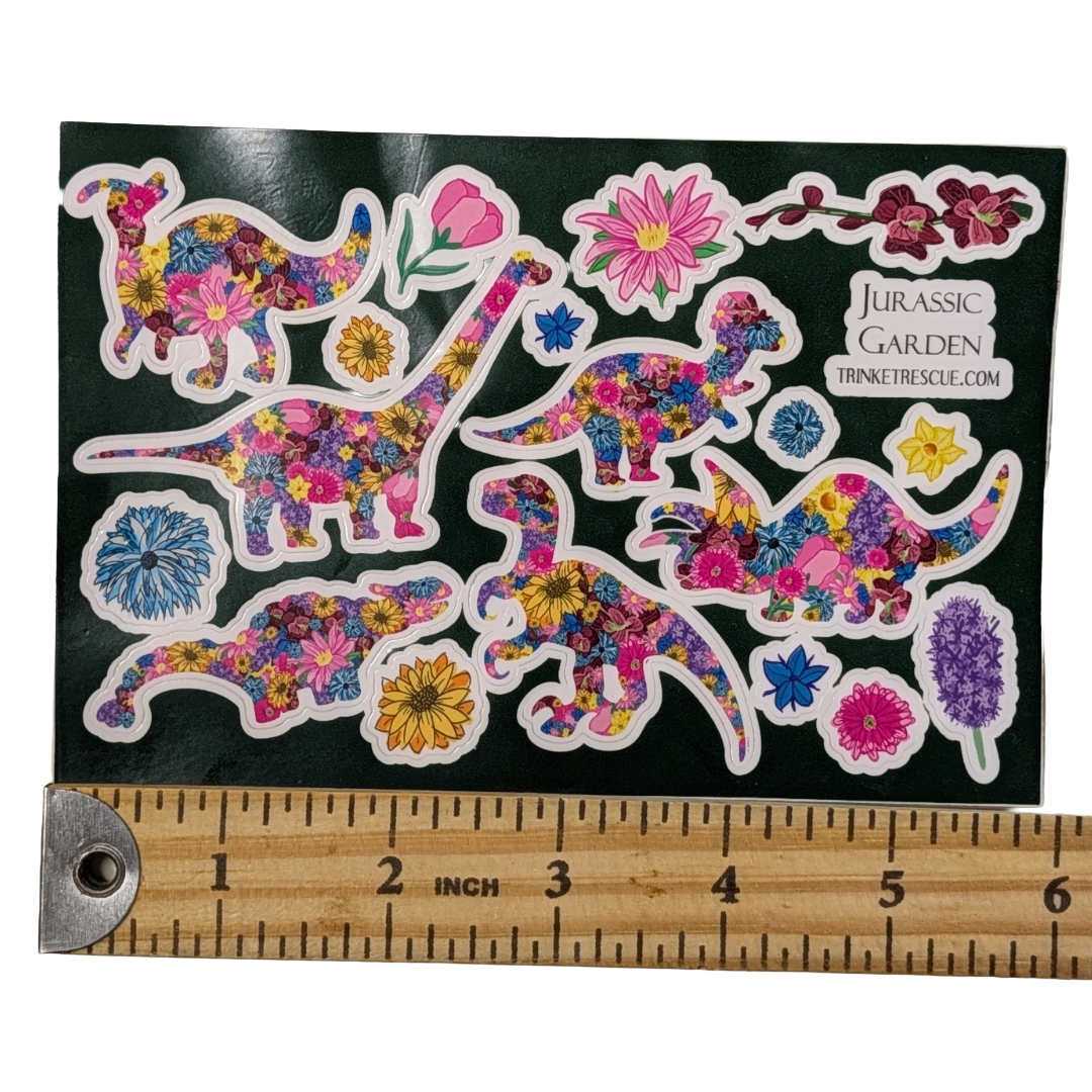 Jurassic Garden Floral Vinyl Sticker Sheet • Cute Waterproof Dinosaur Decals