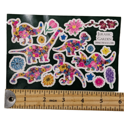 Jurassic Garden Floral Vinyl Sticker Sheet • Cute Waterproof Dinosaur Decals