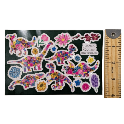 Jurassic Garden Floral Vinyl Sticker Sheet • Cute Waterproof Dinosaur Decals