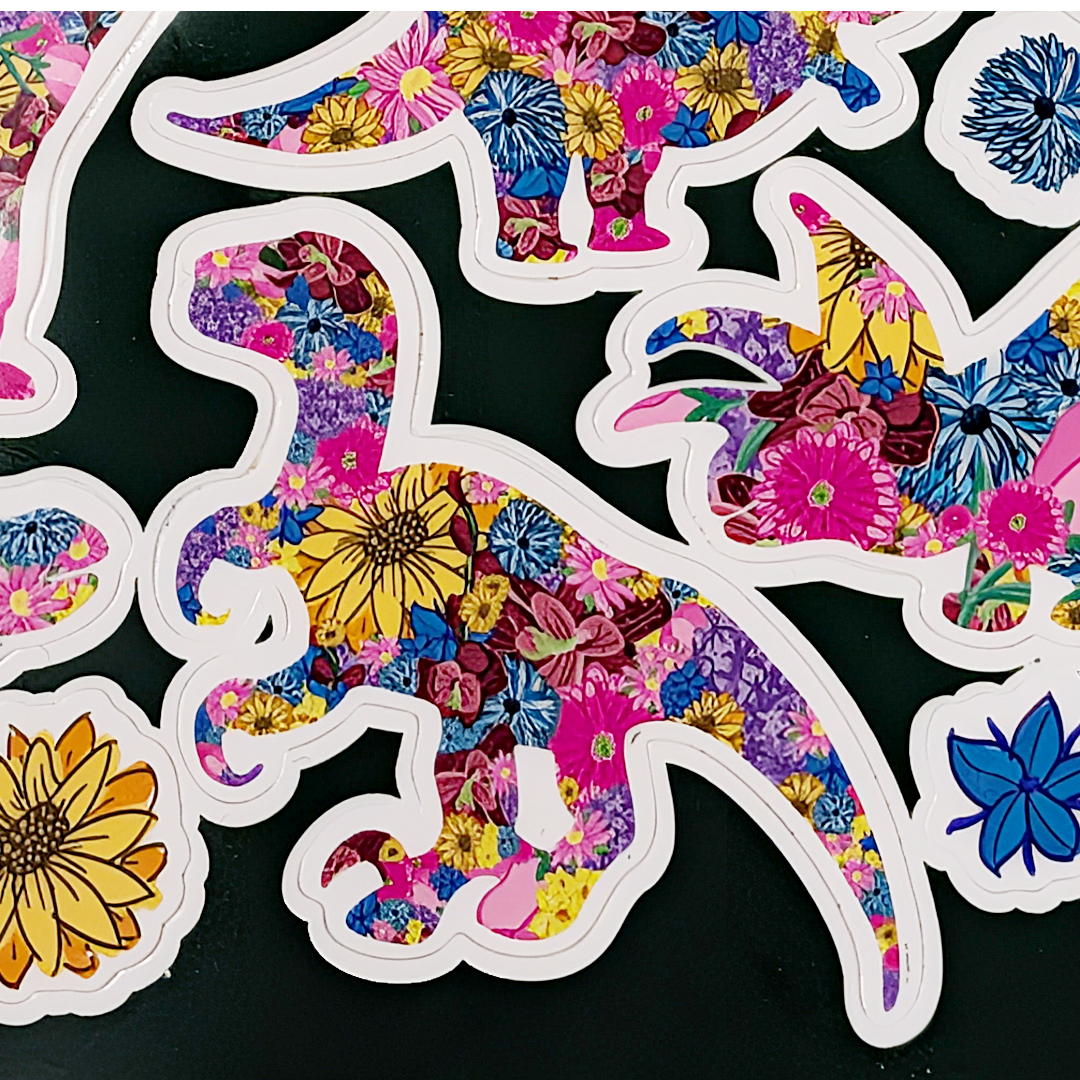 Jurassic Garden Floral Vinyl Sticker Sheet • Cute Waterproof Dinosaur Decals