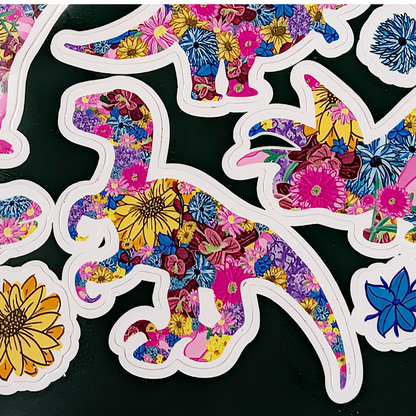 Jurassic Garden Floral Vinyl Sticker Sheet • Cute Waterproof Dinosaur Decals