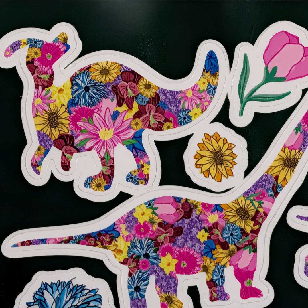 Jurassic Garden Floral Vinyl Sticker Sheet • Cute Waterproof Dinosaur Decals