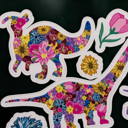 Jurassic Garden Floral Vinyl Sticker Sheet • Cute Waterproof Dinosaur Decals