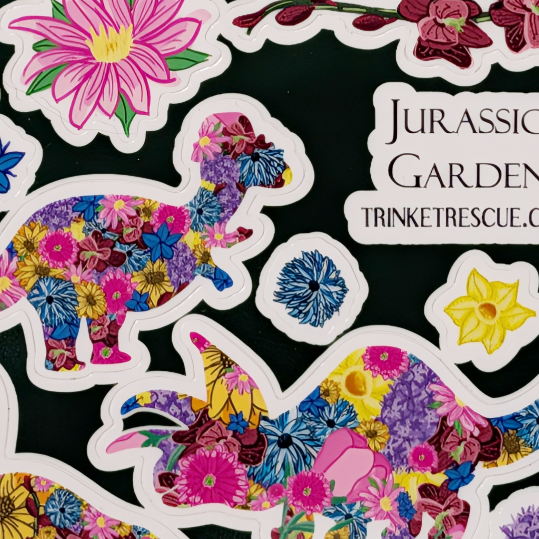 Jurassic Garden Floral Vinyl Sticker Sheet • Cute Waterproof Dinosaur Decals