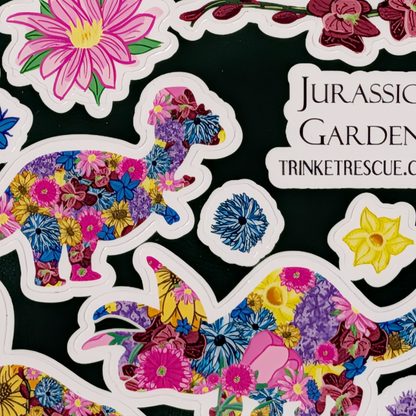 Jurassic Garden Floral Vinyl Sticker Sheet • Cute Waterproof Dinosaur Decals