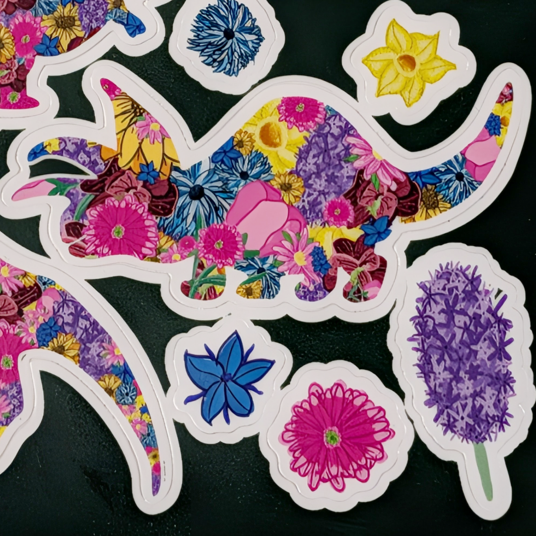 Jurassic Garden Floral Vinyl Sticker Sheet • Cute Waterproof Dinosaur Decals