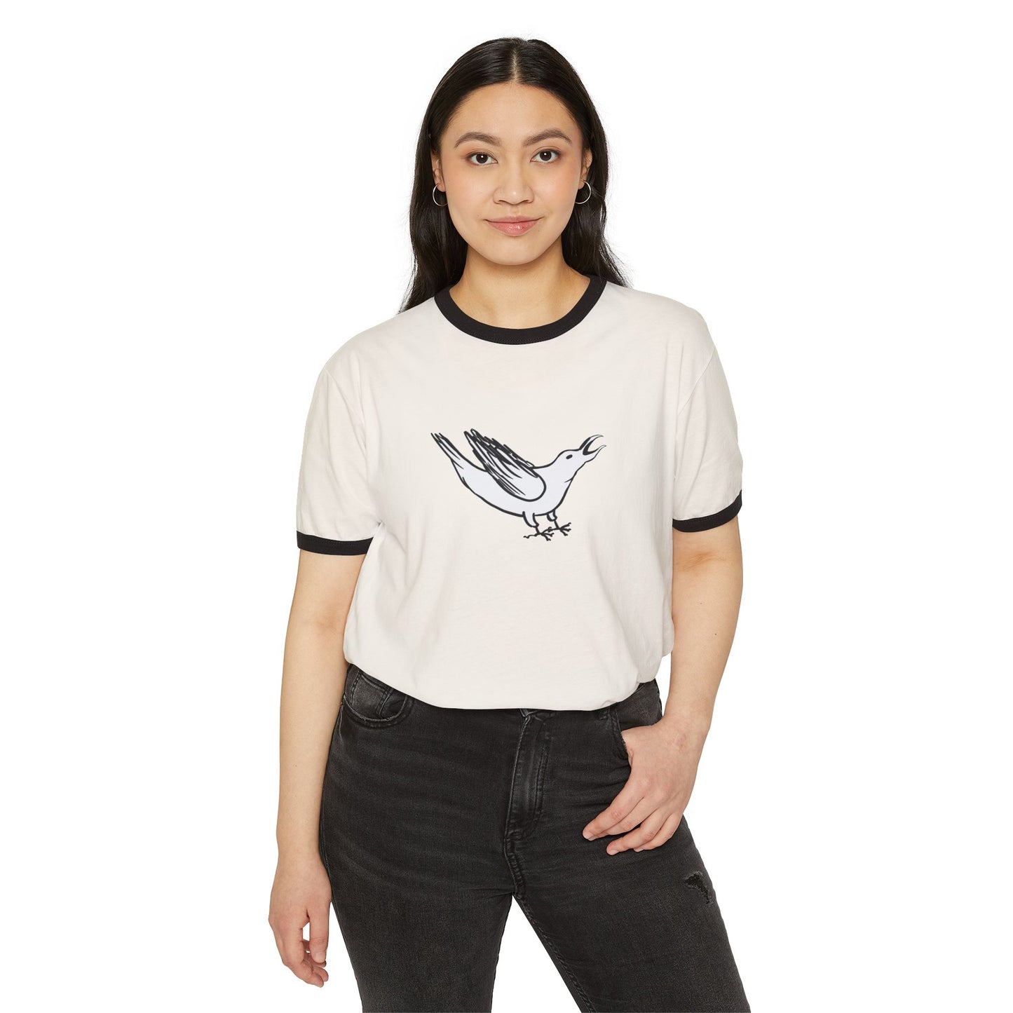 White Crow Yelling on Unisex Ringer Tee