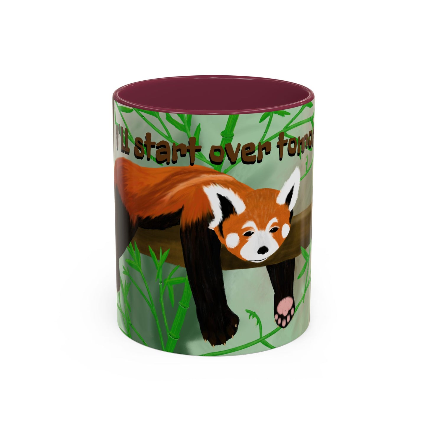 "I'll start over tomorrow" mug with cartoon red panda
