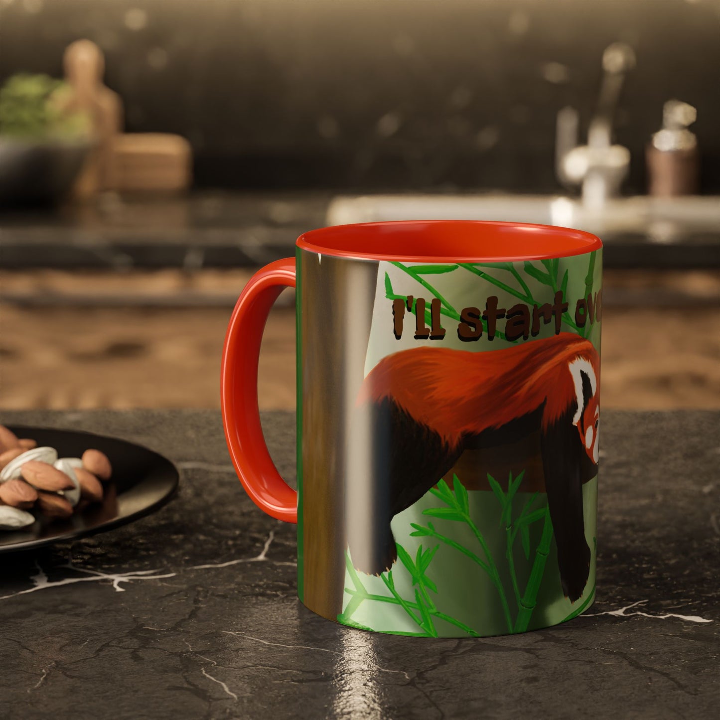 "I'll start over tomorrow" mug with cartoon red panda