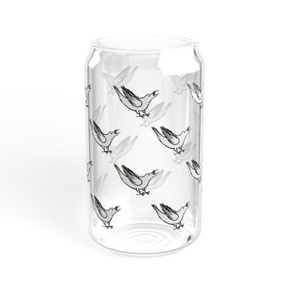 White Crow Yelling Graphic on Can-shaped 16oz Glass, with or without lid & straw