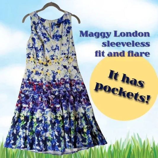 Maggy London size 8 sleeveless v-neck cocktail dress w/ watercolor-like design