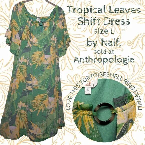 Anthropologie Naif Tropical Leaves Shift Dress - Green Yellow Palm Print, sz L