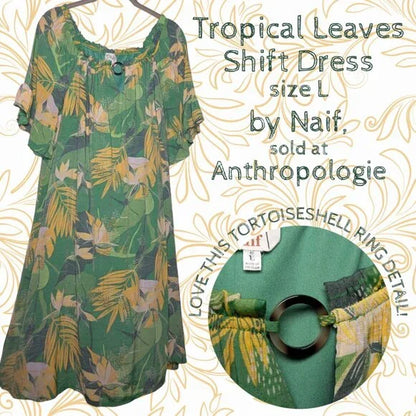 Anthropologie Naif Tropical Leaves Shift Dress - Green Yellow Palm Print, sz L