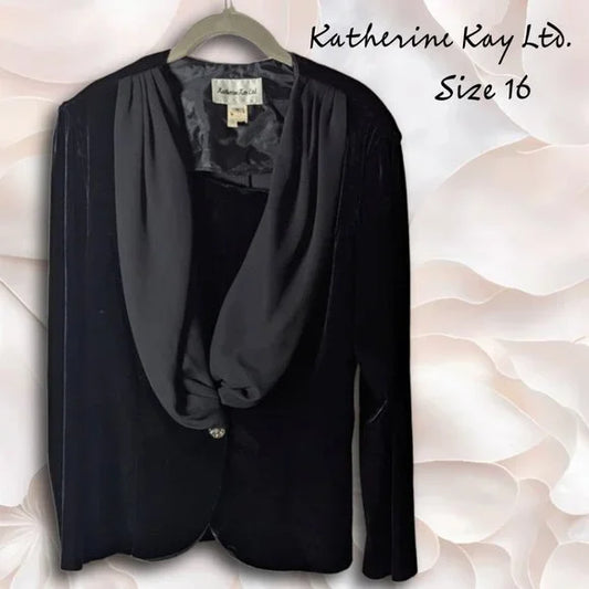 Vintage Katherine Kay Ltd. Black Velvet Formal Blazer Jacket, Size 16