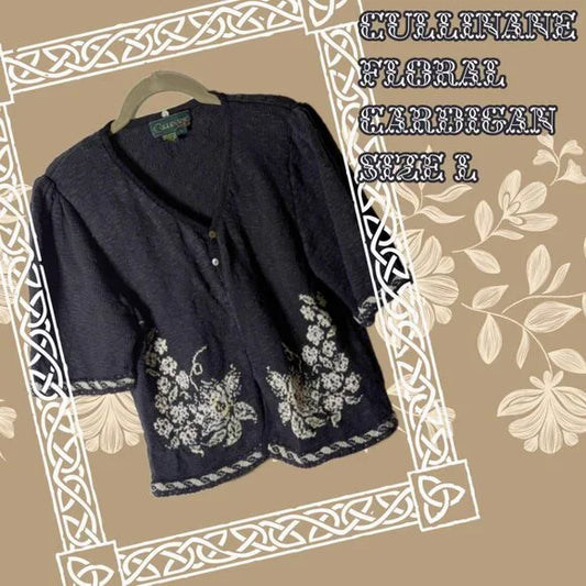 Vintage Cullinane Dark Blue & White Floral Embroidered Cardigan Sweater, Size L