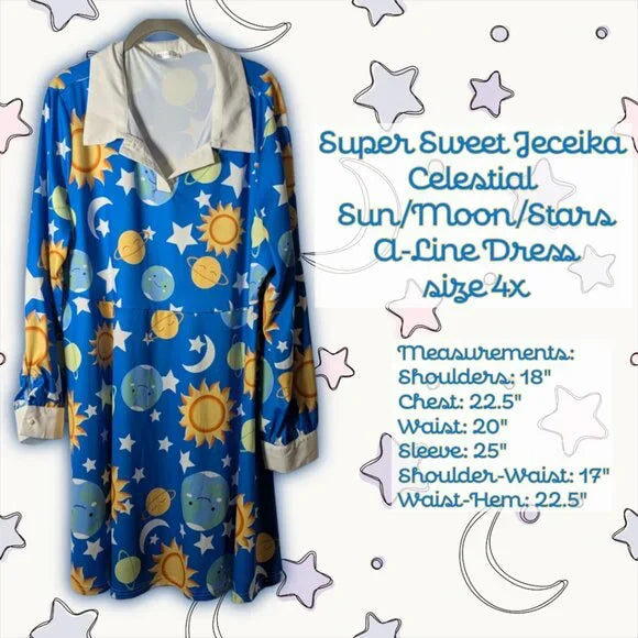 Jeceika 4XL Celestial Sun Moon Stars A-Line Dress, Long Sleeve, Adorable