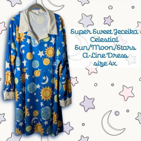 Jeceika 4XL Celestial Sun Moon Stars A-Line Dress, Long Sleeve, Adorable