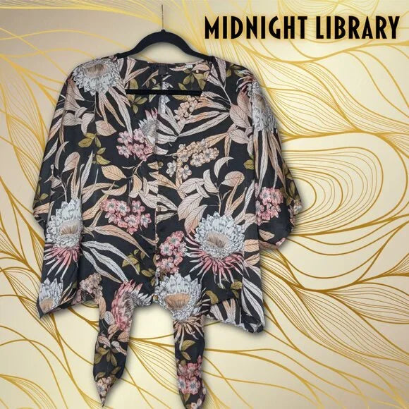 Midnight Library Size XL Floral Tie-and Button-Front Kimono Top
